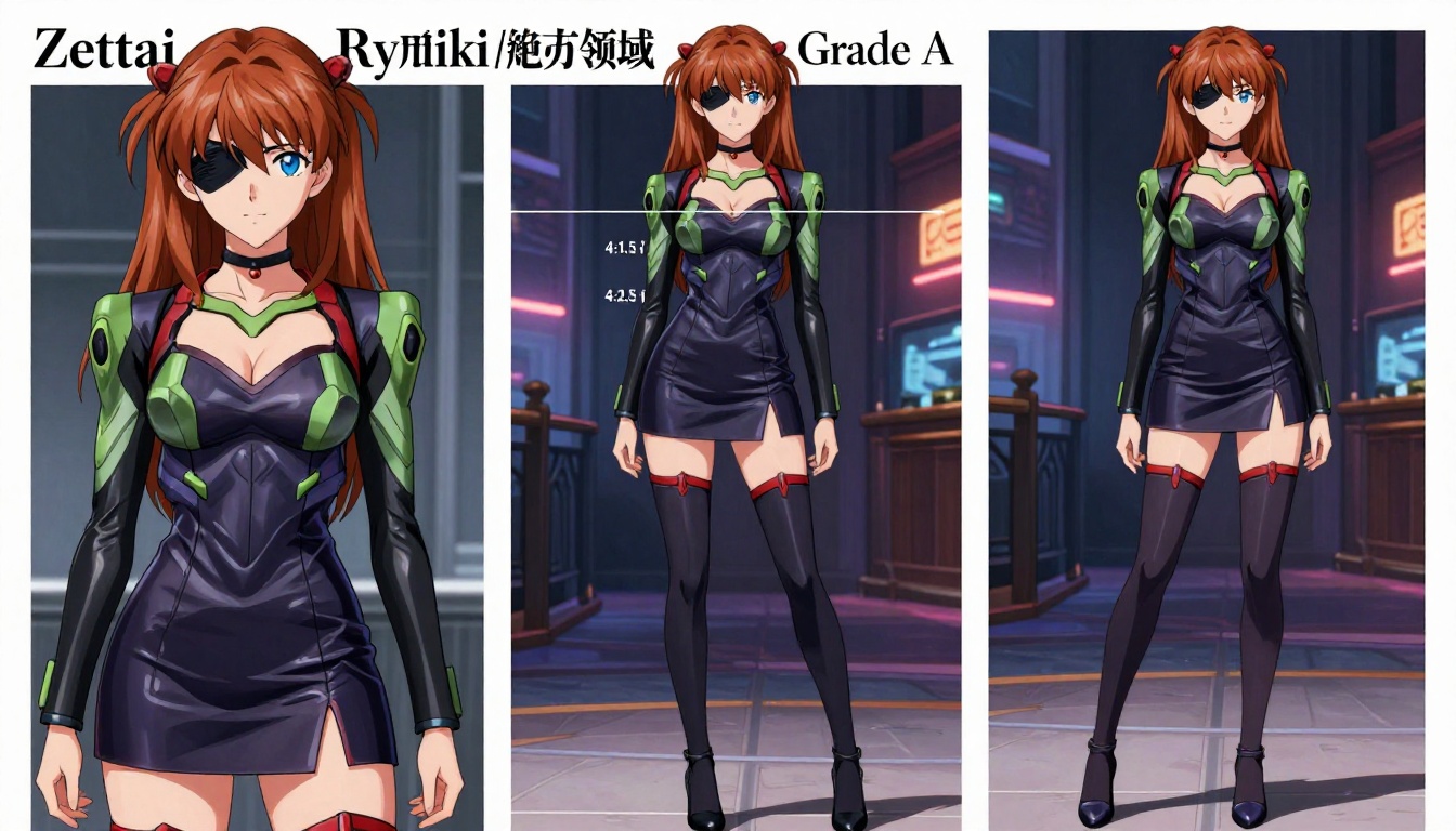 3-panel anime reference sheet of Asuka Langley wearing a futuristic plugsuit dress and eyepatch, with proportion guides.