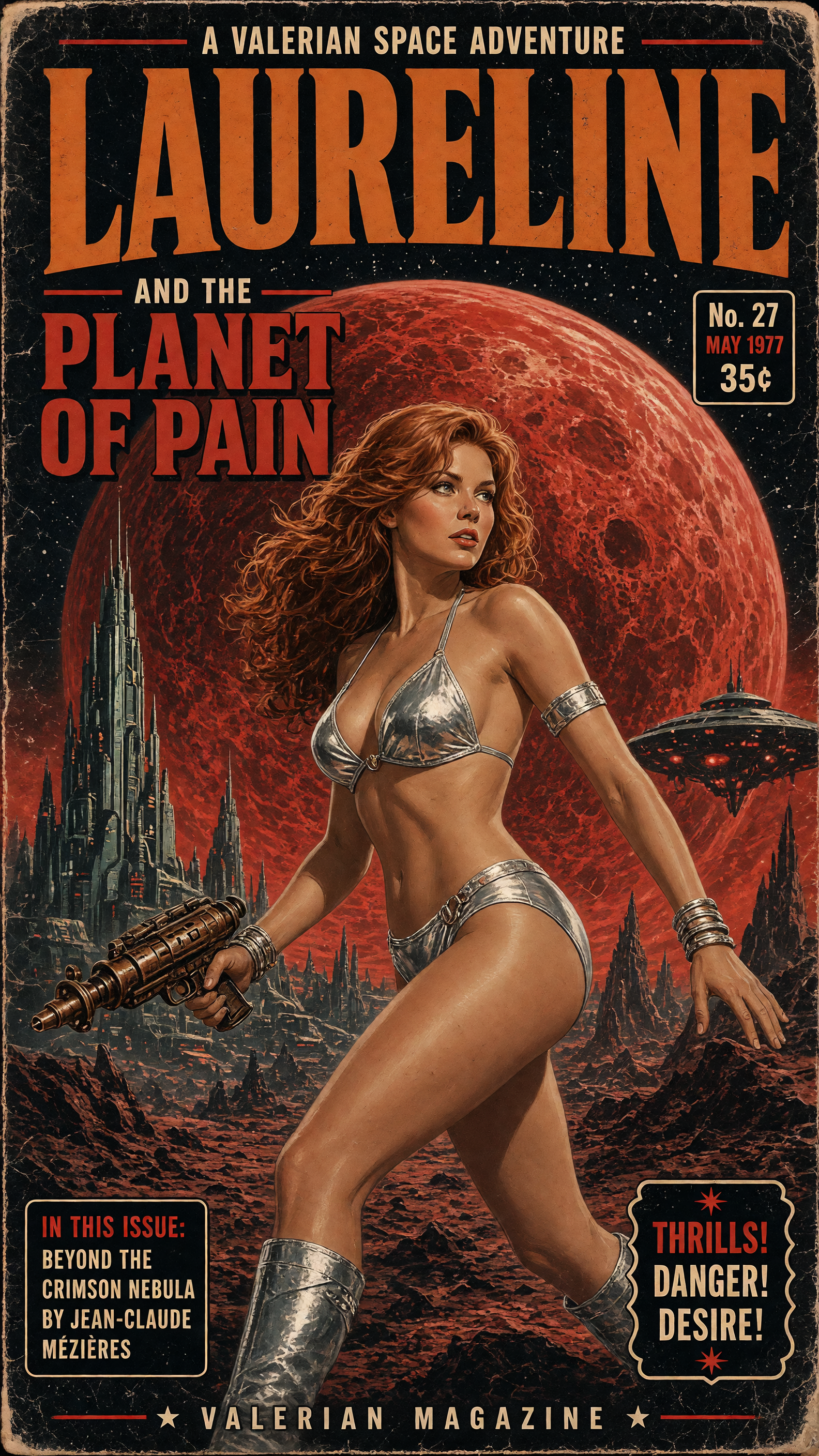 Vintage 1977 pulp sci-fi magazine cover of Laureline holding a ray gun against a red alien planet landscape.