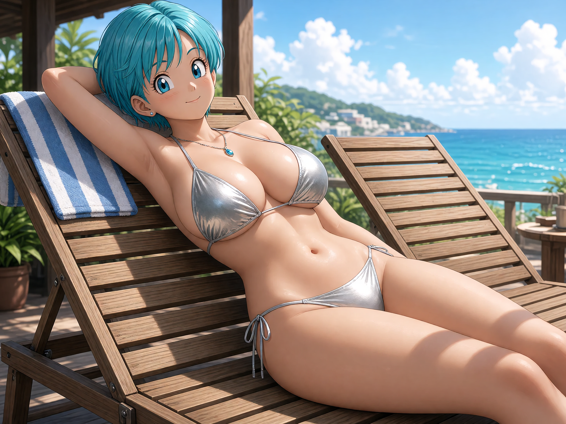 Short turquoise haired Bulma relaxing in a silver bikini on a beach lounge overlooking a tropical ocean