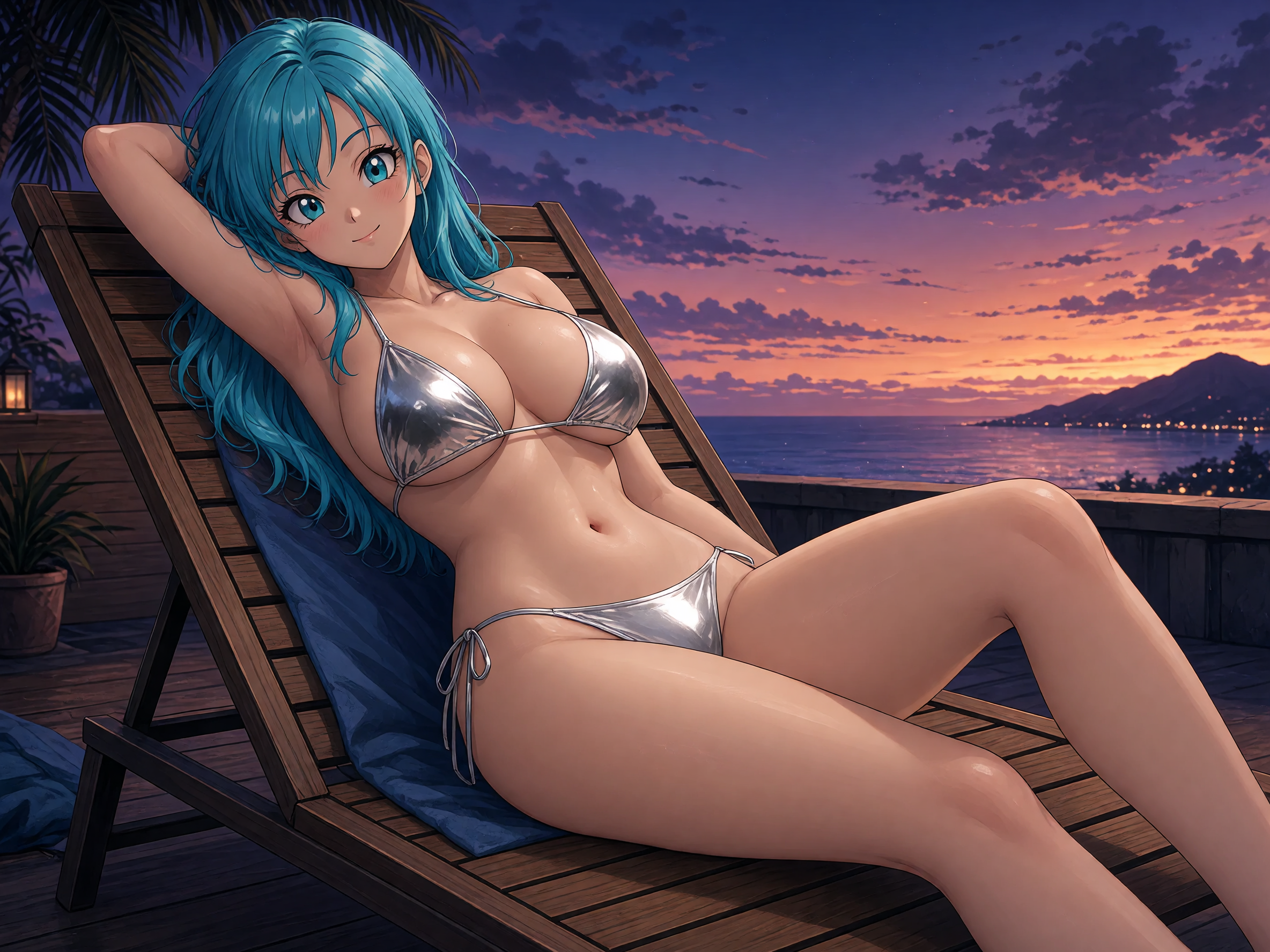 Anime girl with bright blue hair lounging in a silver bikini on a patio chair overlooking the ocean at sunset