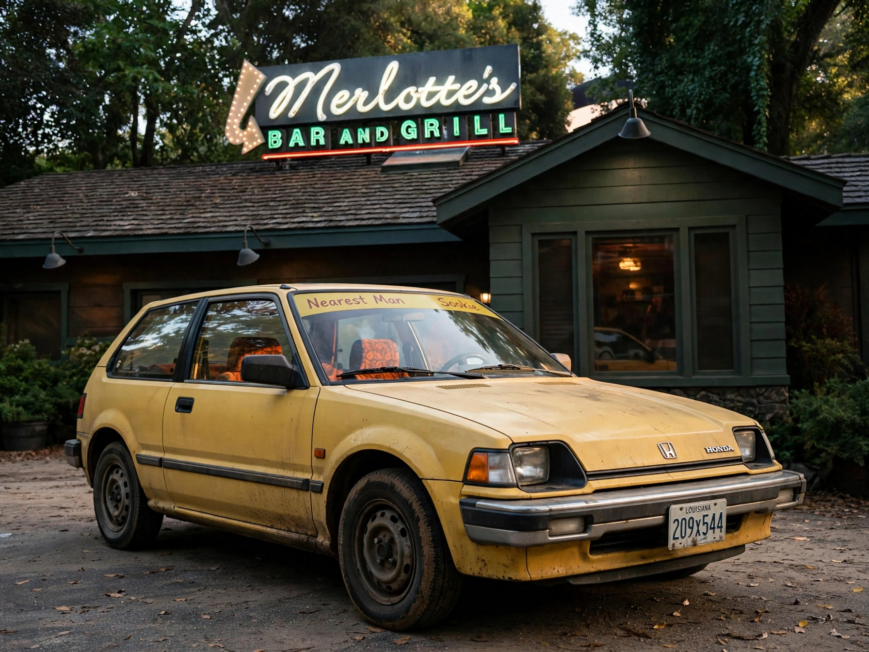 Dusty yellow 1980s Honda Civic parked outside Merlotte's Bar and Grill roadside diner