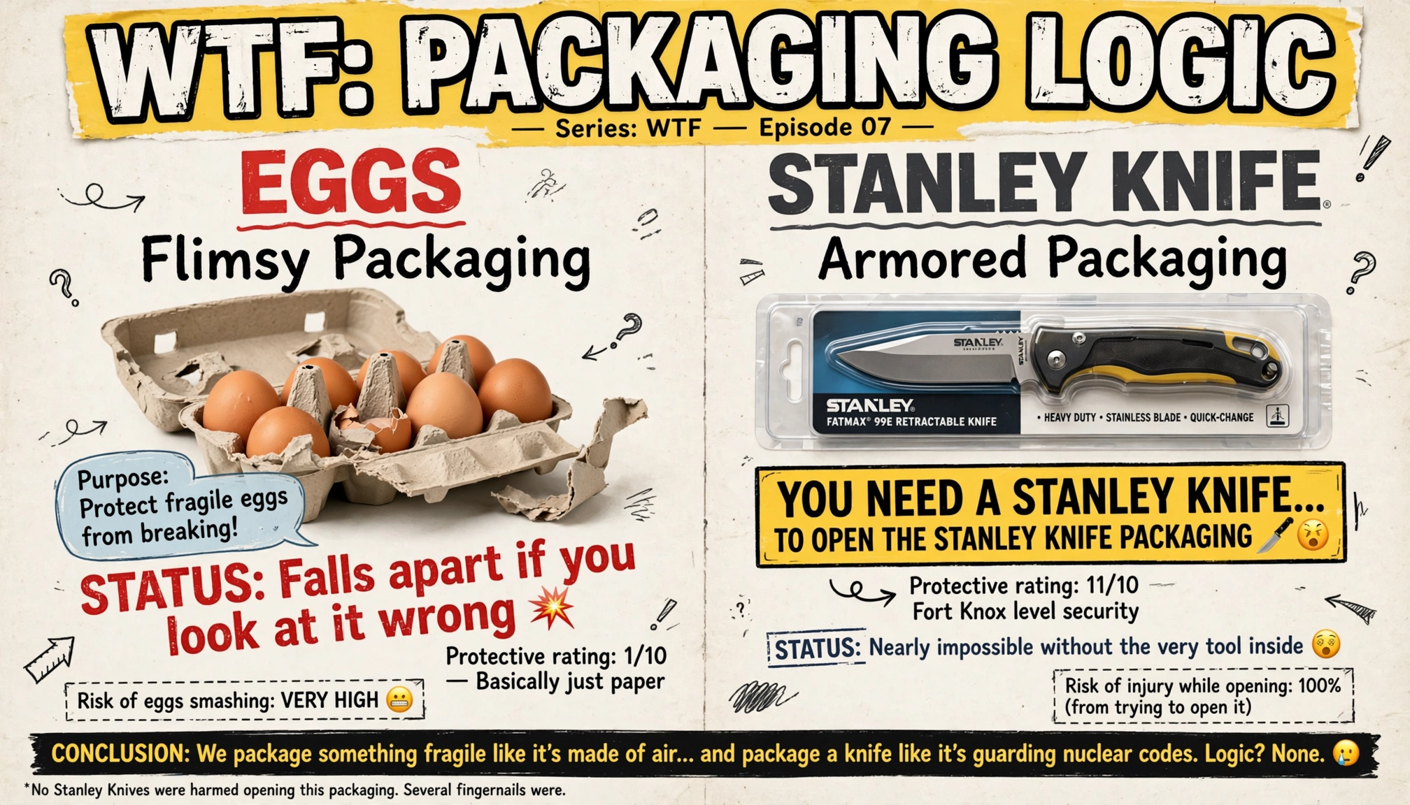 Humorous infographic contrasting absurdly flimsy egg packaging with overbuilt Stanley knife blister packaging