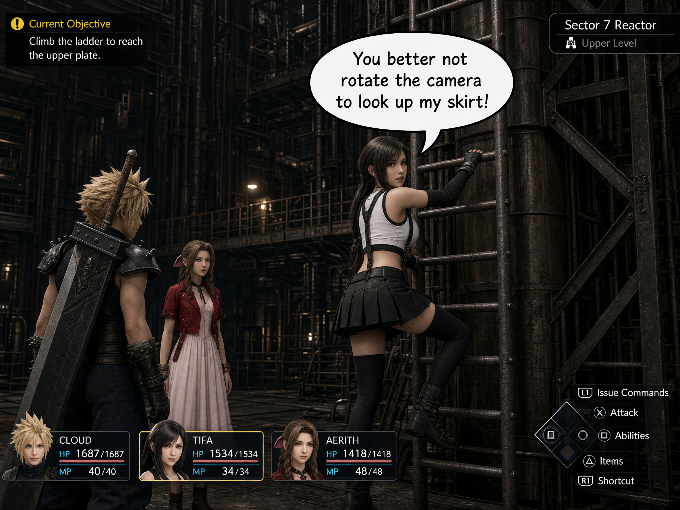 Edited Final Fantasy 7 Remake screenshot of Tifa climbing a ladder with a playful warning dialogue bubble