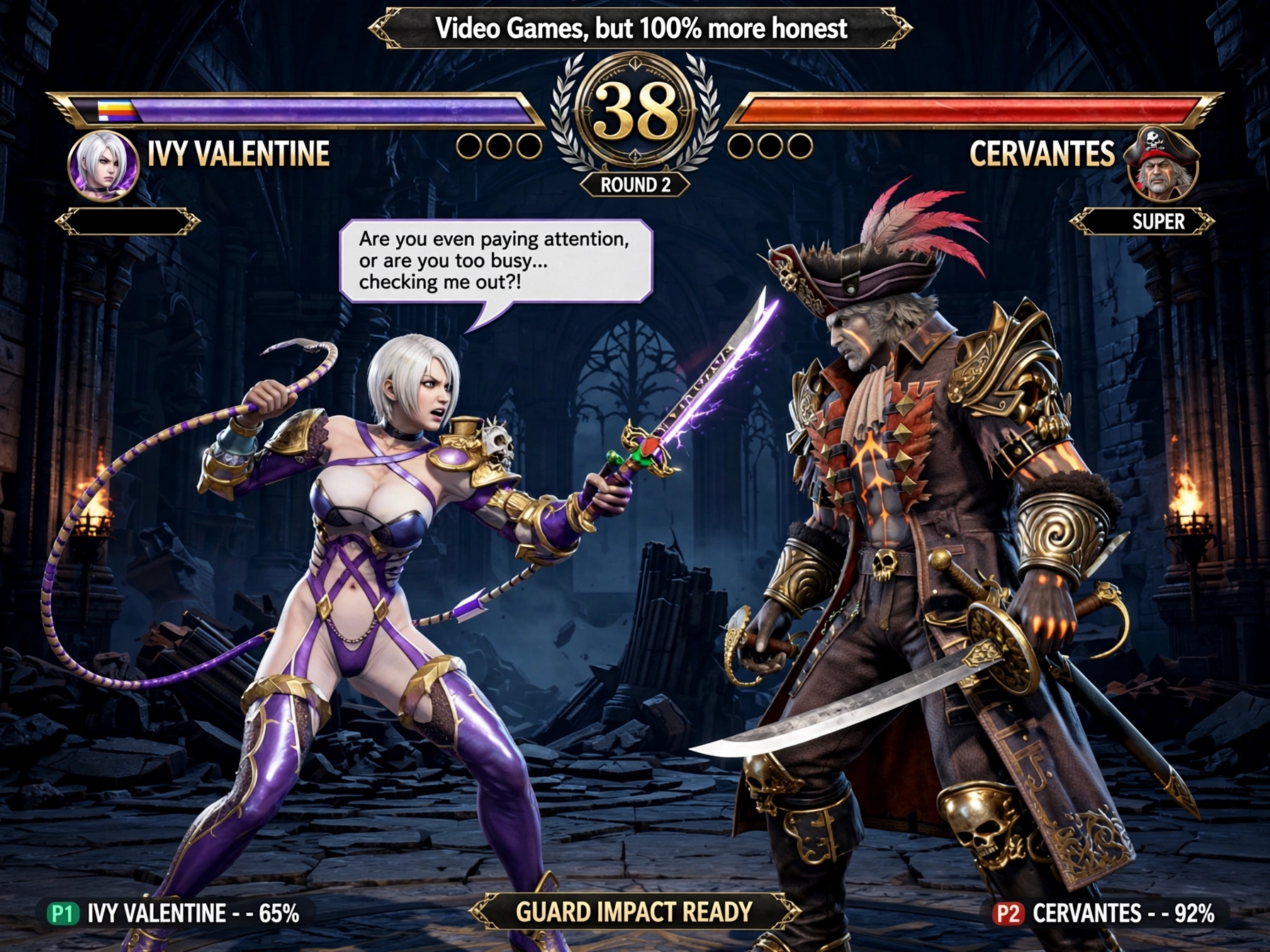 AI generated Soulcalibur fighting game meme of Ivy Valentine teasing Cervantes mid-match in a dark gothic castle arena
