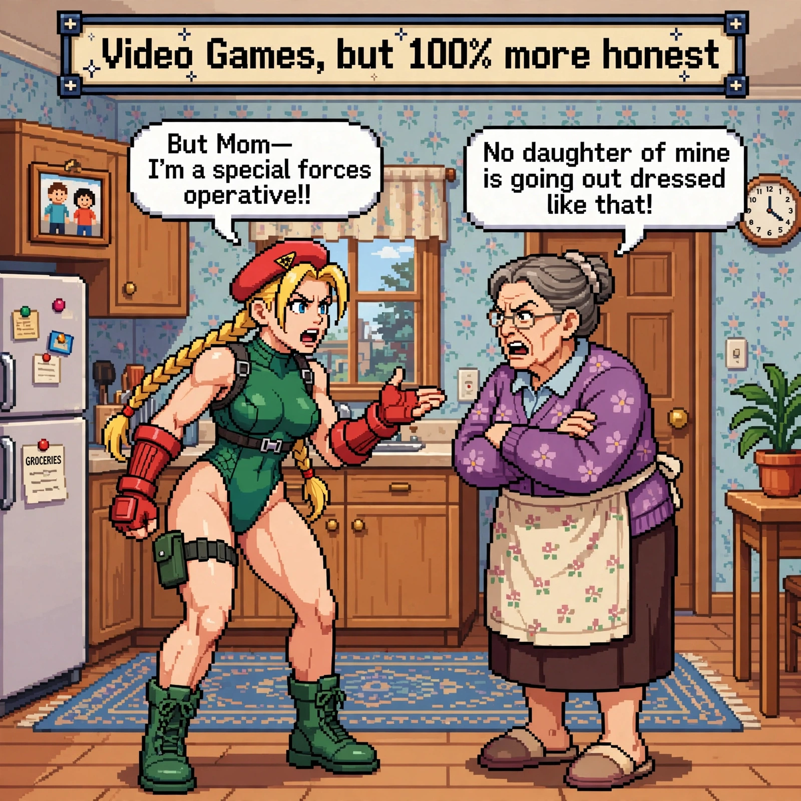 Pixel art meme of Street Fighter's Cammy arguing with her disapproving mother in a cozy retro kitchen