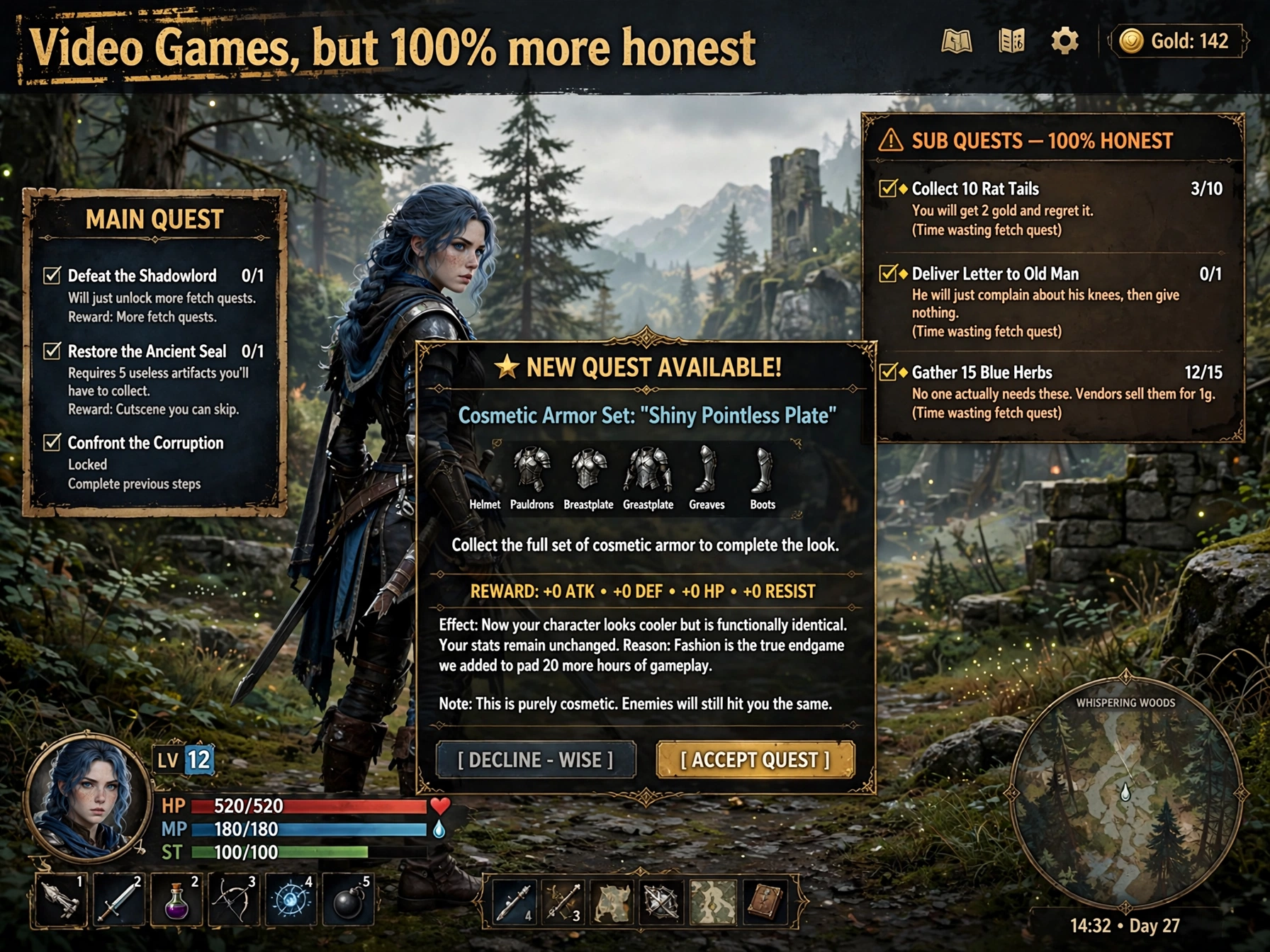 Satirical fantasy RPG interface with honest quest descriptions overlaying a blue armored warrior in a misty forest.