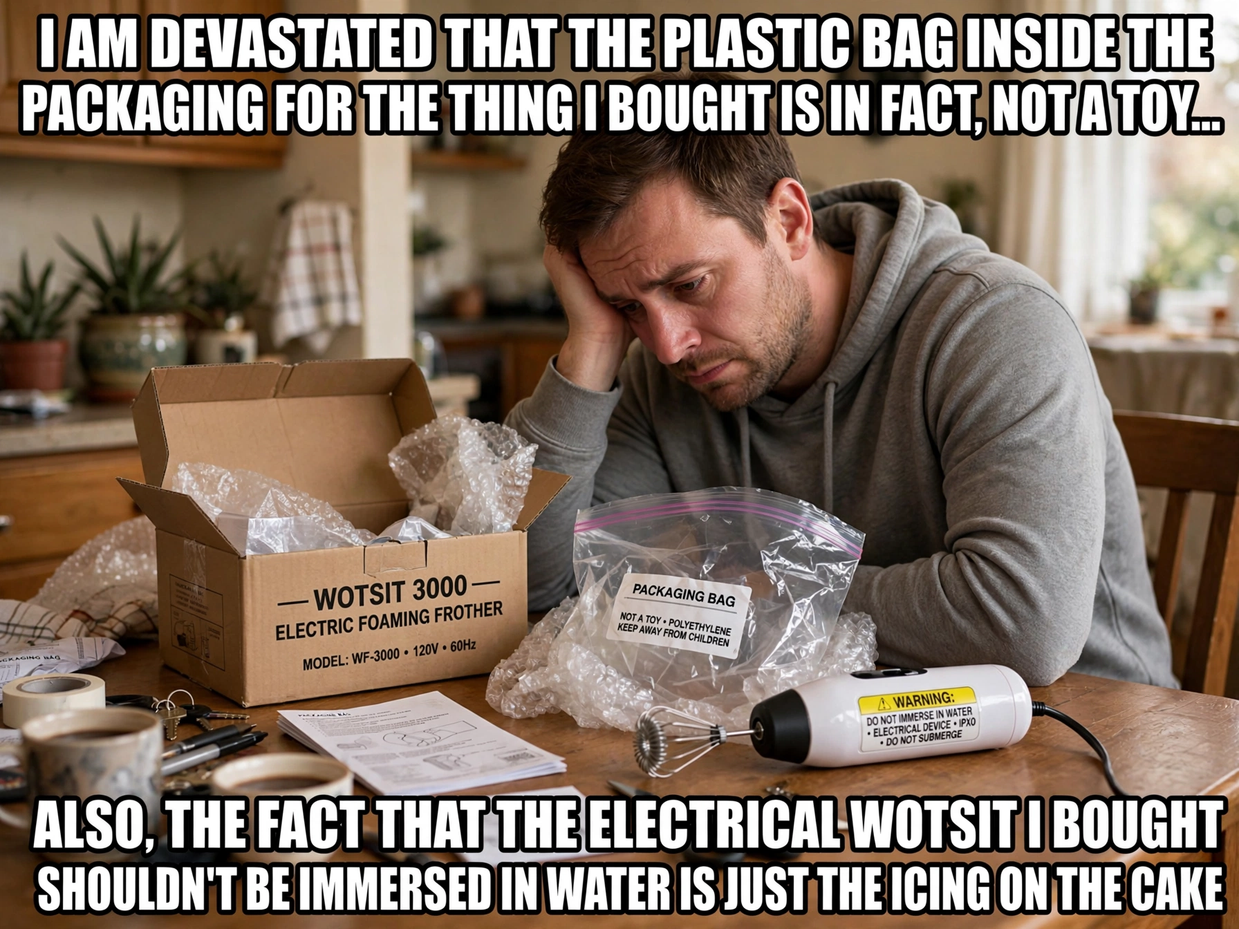 Disappointed man stares at his newly unboxed electric frother at a kitchen table in a funny relatable meme