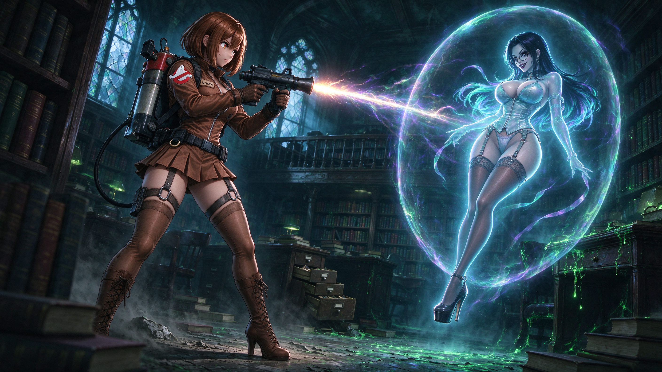 Anime ghostbuster firing a proton stream at a glowing trapped ghost inside a dark gothic library