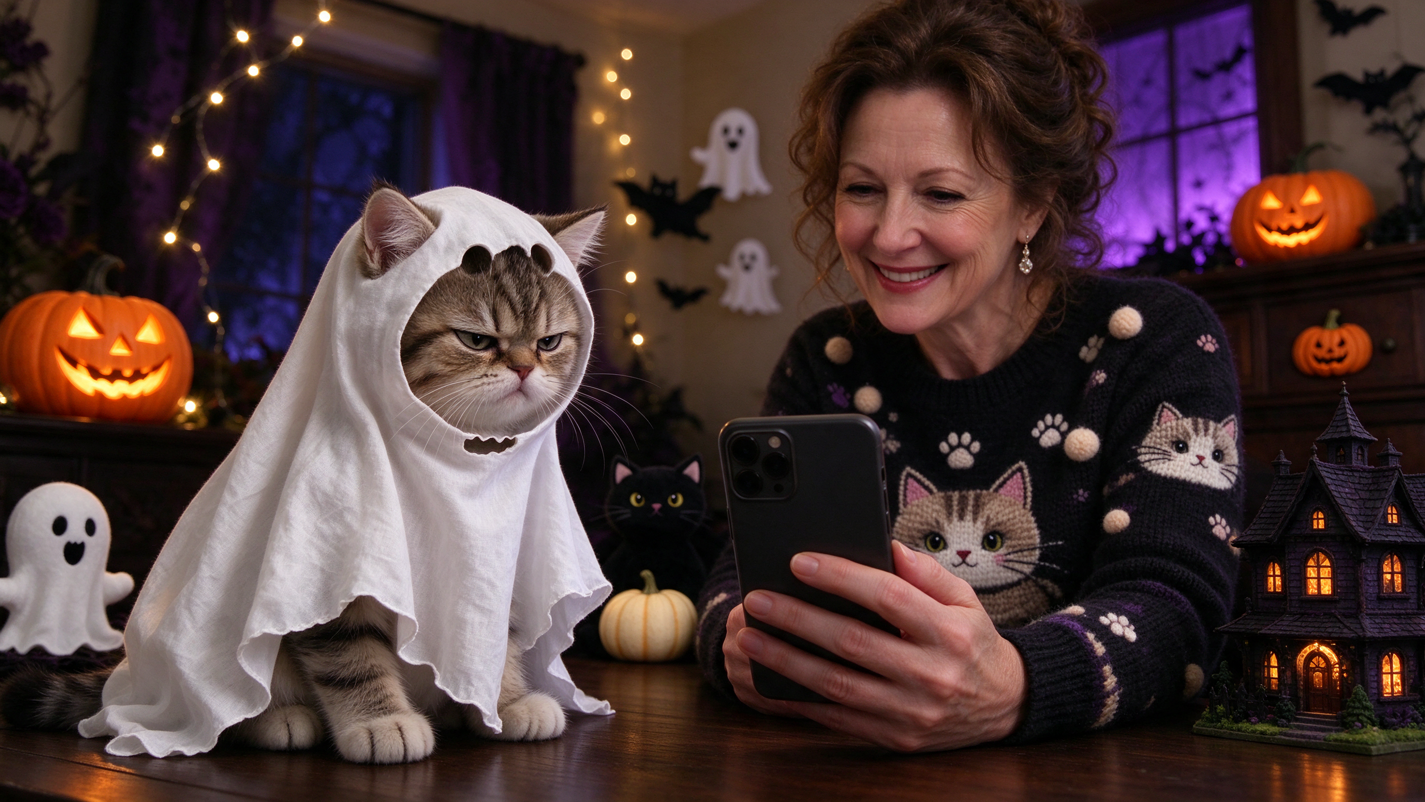 Grumpy tabby cat in a white ghost costume sits — AI art by ...
