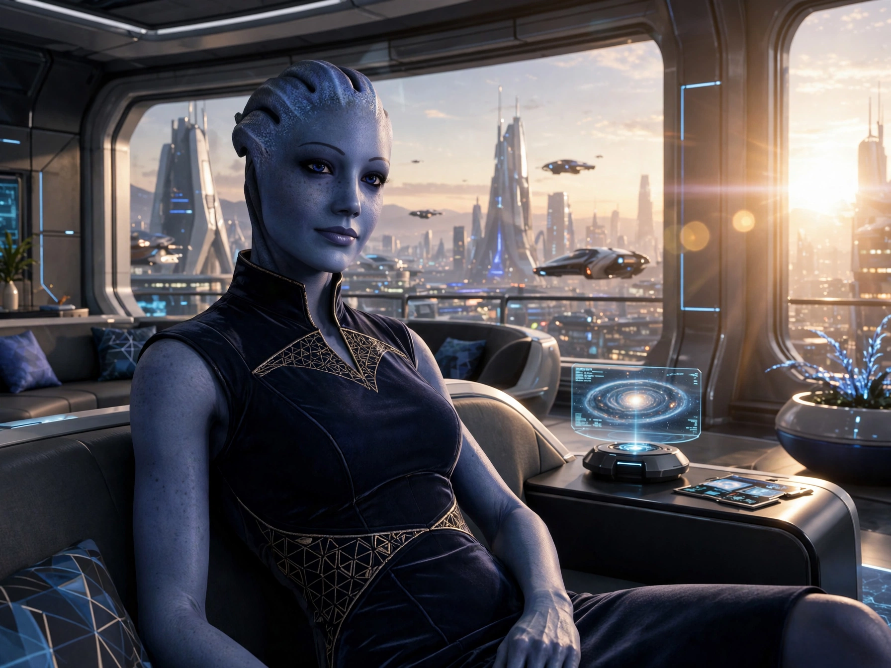 Blue skinned alien woman sits in a futuristic penthouse overlooking a sci-fi city at golden sunset