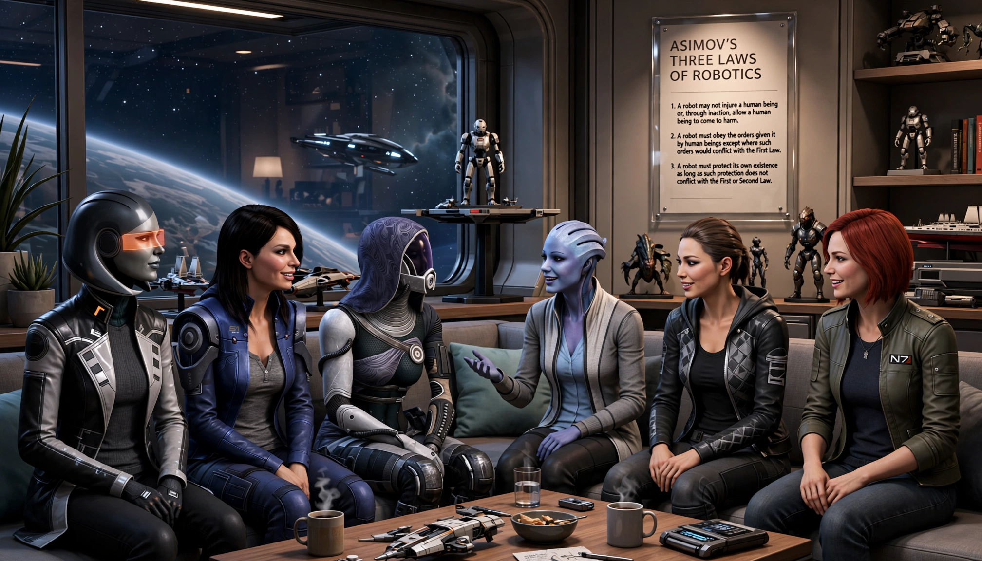 Mass Effect squad sits chatting on a starship lounge couch overlooking outer space.