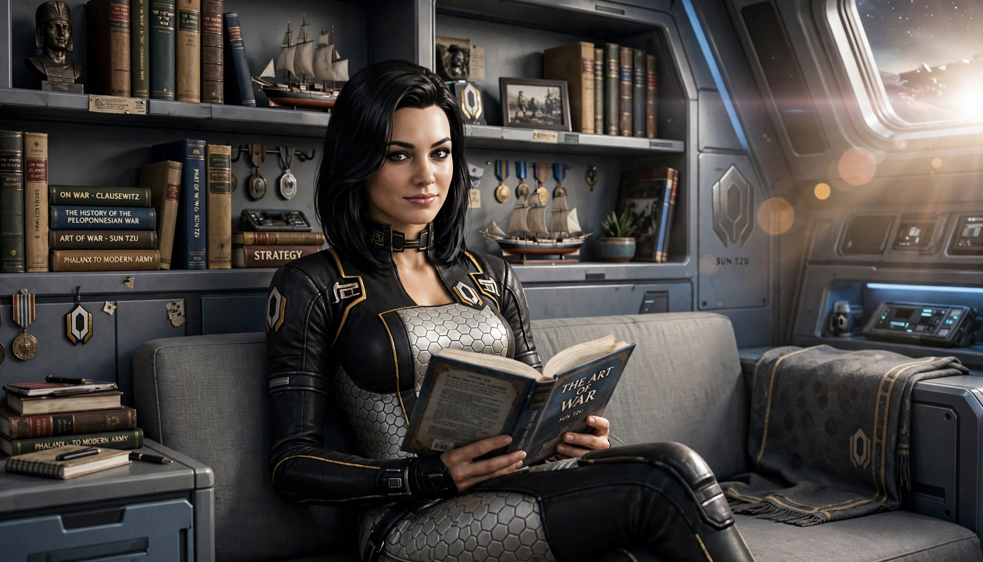 Futuristic female starship officer reading The Art of War in her cozy sunlit spaceship cabin