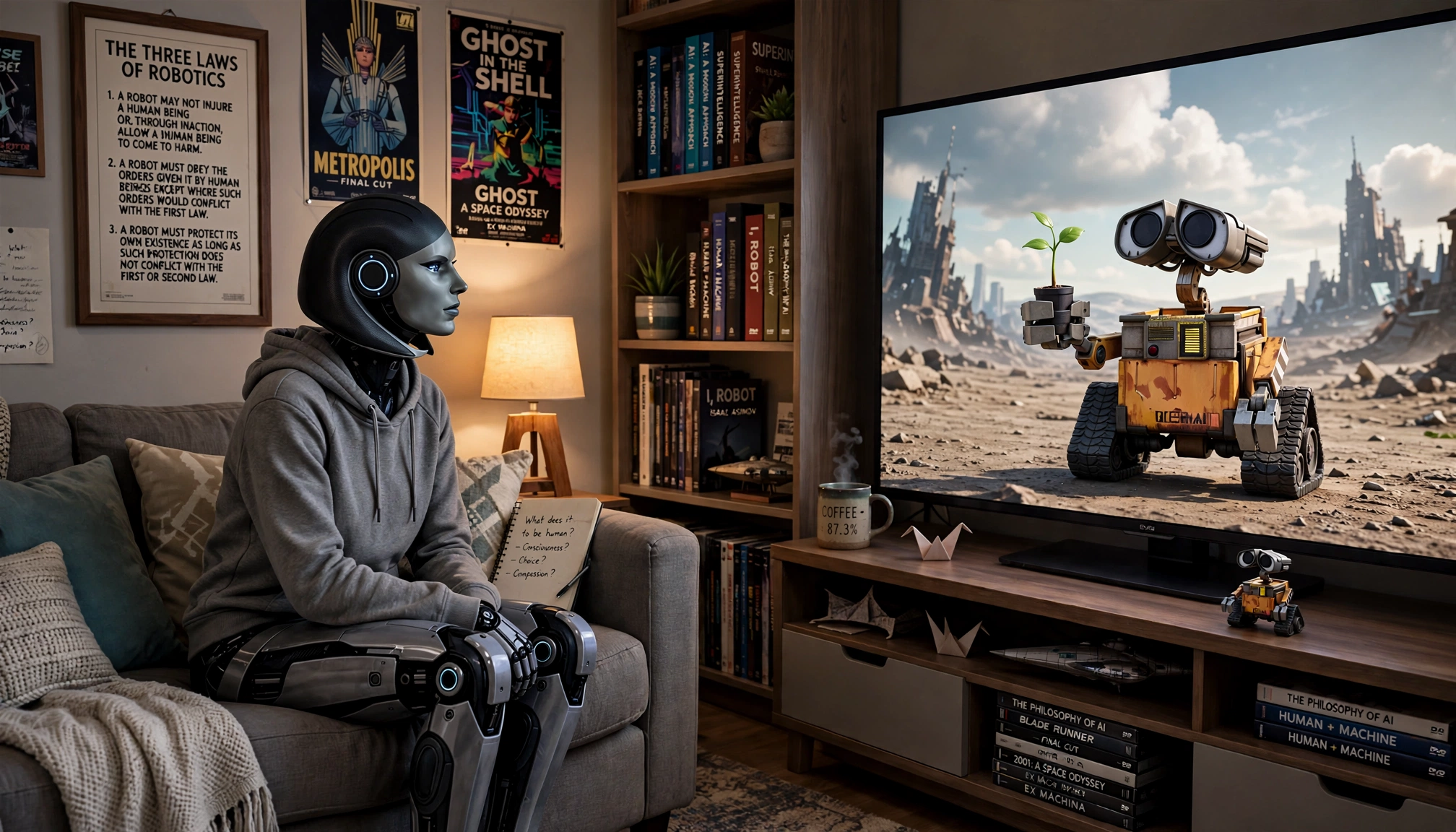 Humanoid robot sitting on a cozy living room couch watching WALL-E play on a large television