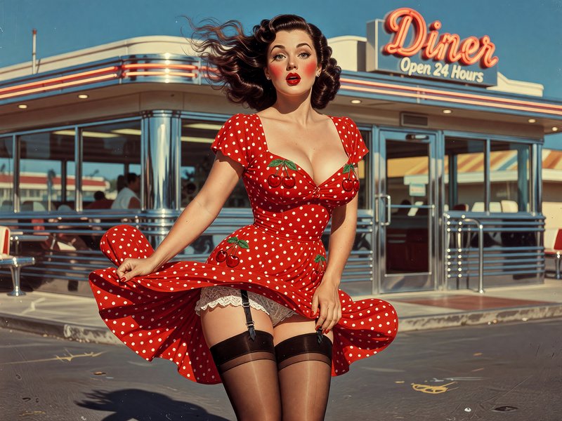 Glamorous vintage pinup woman in red polka dot cherry dress poses outside a classic 1950s chrome roadside diner on a