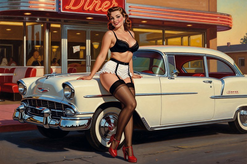 Vintage 1950s pin-up illustration of glamorous woman leaning on classic sedan outside neon roadside diner