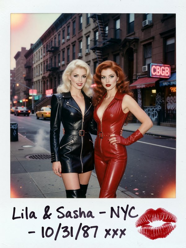 Vintage 1987 instant polaroid of two glamorous women in leather posing on a NYC street outside CBGB at dusk.