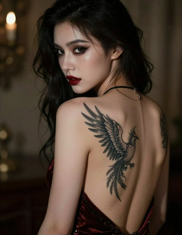Woman looking over her shoulder, showcasing a detailed phoenix back tattoo in a moody glamour portrait.