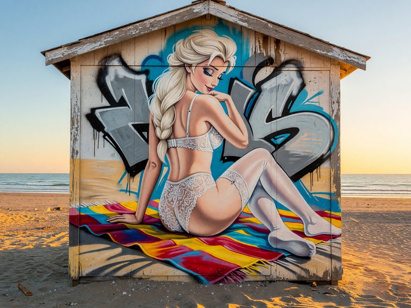 Street art mural of Elsa from Frozen painted on a weathered beach hut on a sandy sunset beach.