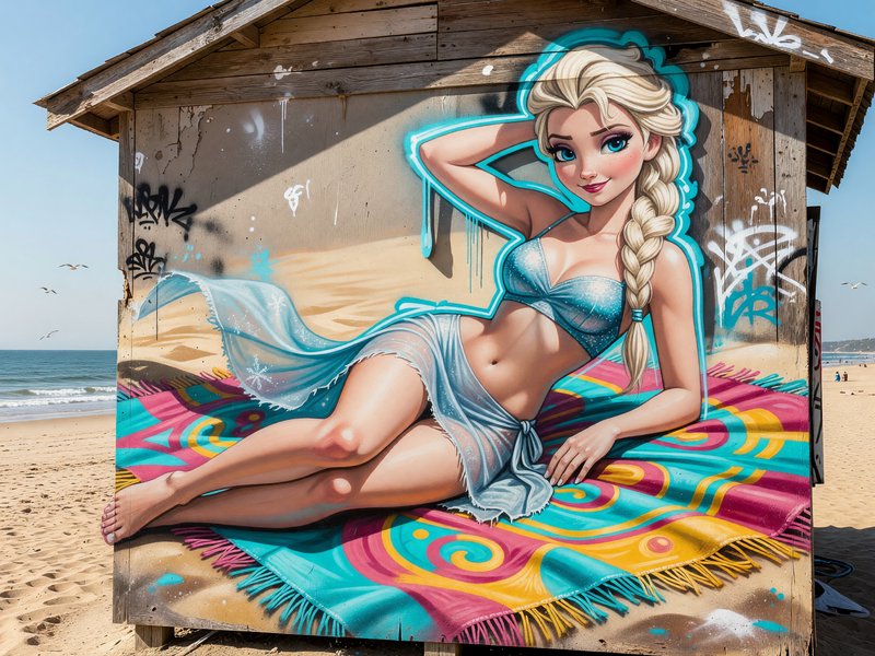Graffiti mural of Elsa from Frozen lounging on a beach blanket, painted on a weathered wooden beach shack at a sunny