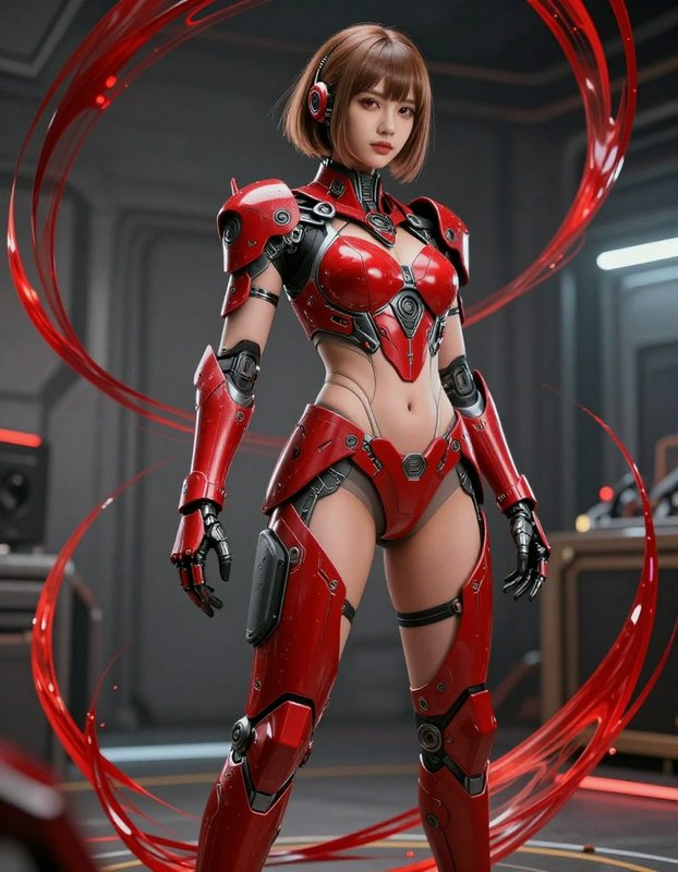 Futuristic female cyborg in glossy red mechanical armor stands surrounded by swirling red energy trails inside a sci-fi