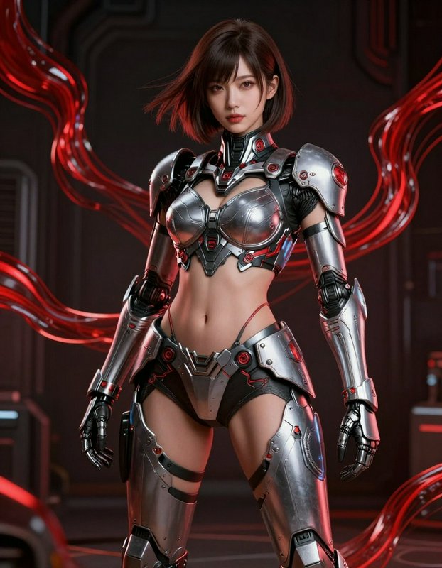 Hyperrealistic female cyborg in polished silver sci-fi combat armor, surrounded by glowing red energy tendrils in a dark