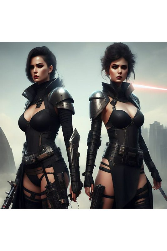 Two fierce armored female sci-fi warriors stand side-by-side against a foggy dystopian city skyline
