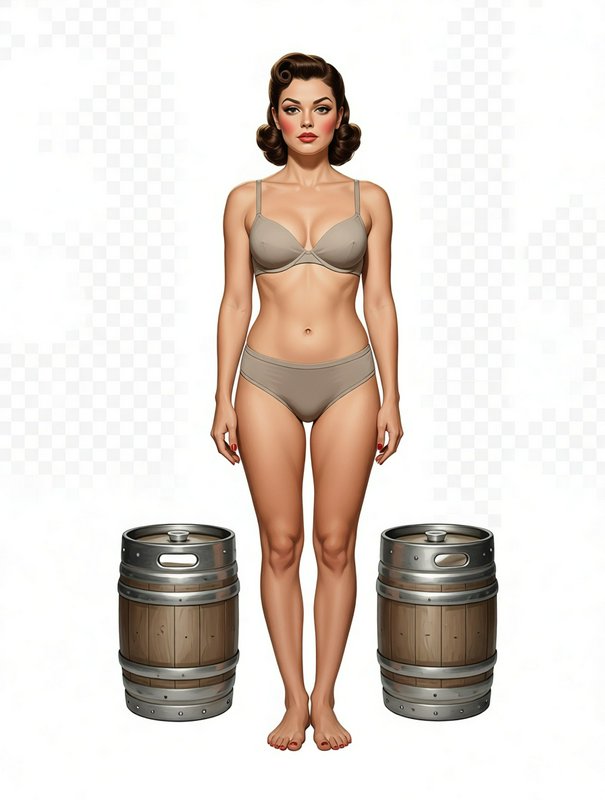 Retro 1950s pinup woman in beige lingerie standing between two wood and metal kegs on a transparent background