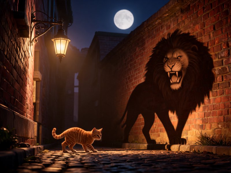 Small orange tabby kitten walks down a moonlit cobblestone alley, casting a fierce roaring lion shadow on a red brick wall.