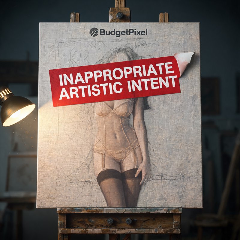 Cinematic medium shot, photorealistic 4K. Large stretched raw linen artist's canvas propped on a weathered oak easel in a dim north-facing painter's studio: faint charcoal sketch lines visible beneath printed "BudgetPixel" logo at the canvas top. A crumpled bold red warning sticker with matte white capital text "INAPPROPRIATE ARTISTIC INTENT" is affixed crookedly across the upper half, peeling slightly at one corner. Below the sticker, soft rendered figure of a woman in sheer champagne lingerie and seamed stockings rests half-obscured. Warm golden task lamp side-lighting catches canvas texture, sticker adhesive gloss, and fine dust motes in late evening studio air. Muted charcoal grey studio background, shallow depth of field, sharp fine detail on canvas weave and sticker edges.