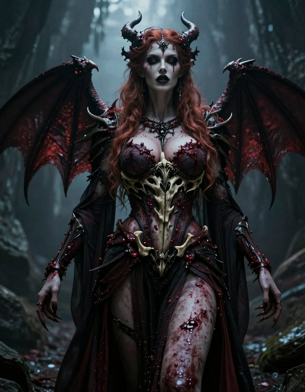 Menacing horned demon queen with bat wings, red hair, and bone armor stands in a misty dark haunted forest