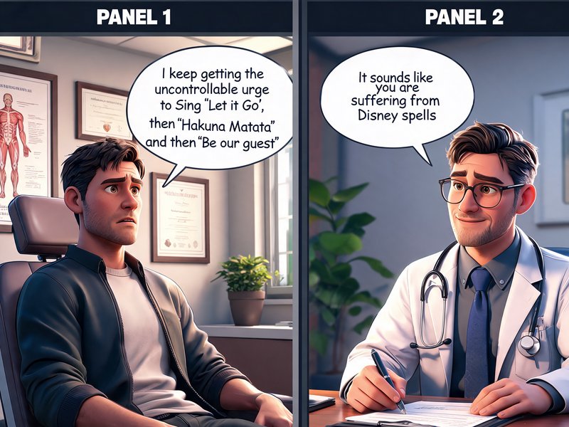 Comic book style meets unreal engine render, panel one, a worried looking man is sitting in a doctors office, he says "I keep getting the uncontrollable urge to Sing 'Let it Go', then 'Hakuna Matata' and then 'Be our guest', panel 2, the kindly looking Doctor says "It sounds like you are suffering from Disney spells"