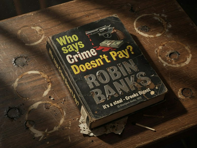 [Worn satirical "Robin Banks" crime book resting on a scuffed wooden table marked with bullet holes and old coffee cup sta...