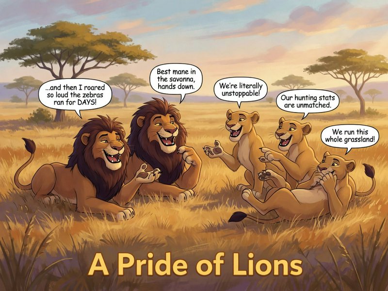Cartoon illustration of a boastful pride of lions chatting on a sunlit African savanna, with "A Pride of Lions" text at