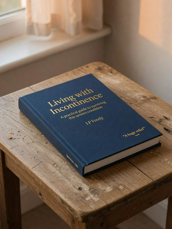 Navy hardcover "Living with Incontinence" health guide resting on a rustic wooden side table near a sunlit window.