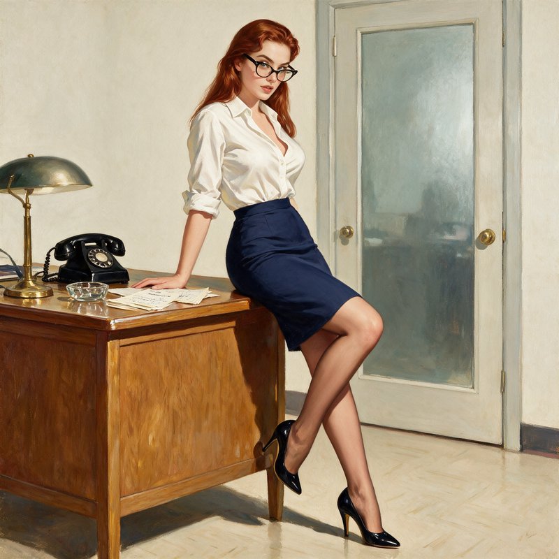 Midcentury oil painting of red-haired retro secretary perched on a vintage wooden office desk.