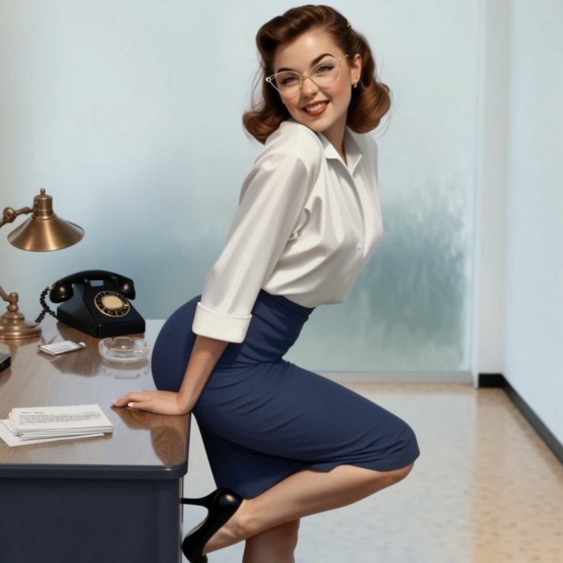 Vibrant Gil Elvgren pinup illustration, 4K ultra sharp, classic mid-century commercial art style. glossy cat-eye glasses perched on her nose leans playfully against a polished oak 1950s office desk, crisp white blouse with rolled cuffs, fitted pencil skirt, one polished heel hooked on the desk leg. Period details: rotary telephone, glass ashtray, brass desk lamp, stack of typed memos, linoleum floor, frosted glass office door behind her. Soft warm diffused office lighting, creamy pastel color palette, gentle painted textures, authentic Elvgren soft shading and playful warmth