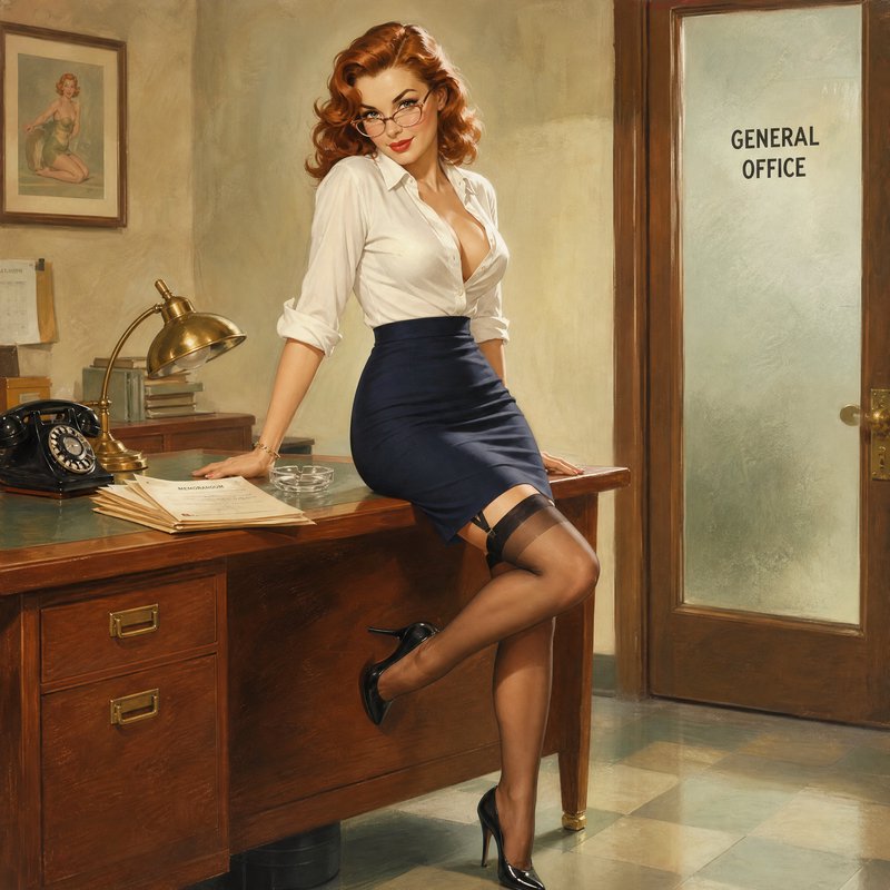 Vintage 1950s pinup art of a redhead secretary leaning on a wooden desk inside a retro general office setting.