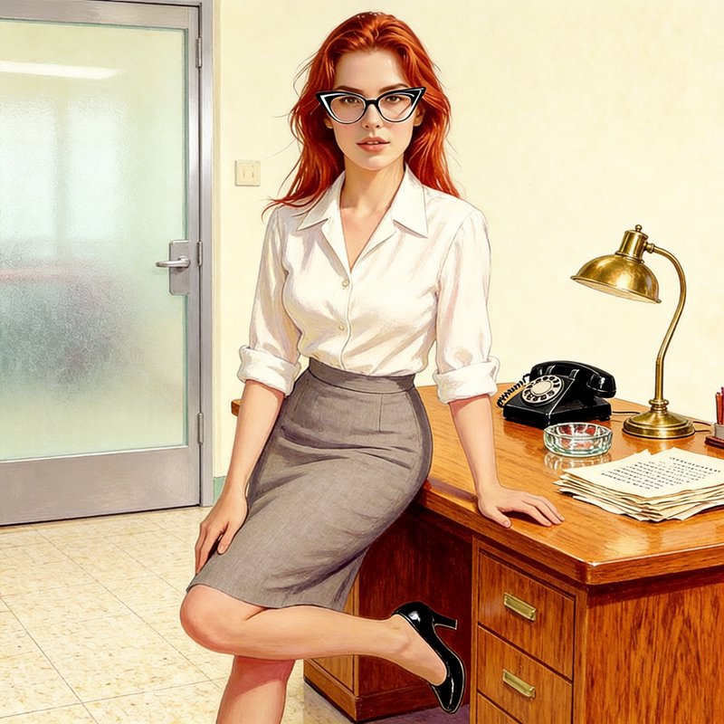 Vibrant Gil Elvgren pinup illustration, 4K ultra sharp, classic mid-century commercial art style. glossy cat-eye glasses perched on her nose leans playfully against a polished oak 1950s office desk, crisp white blouse with rolled cuffs, fitted pencil skirt, one polished heel hooked on the desk leg. Period details: rotary telephone, glass ashtray, brass desk lamp, stack of typed memos, linoleum floor, frosted glass office door behind her. Soft warm diffused office lighting, creamy pastel color palette, gentle painted textures, authentic Elvgren soft shading and playful warmth