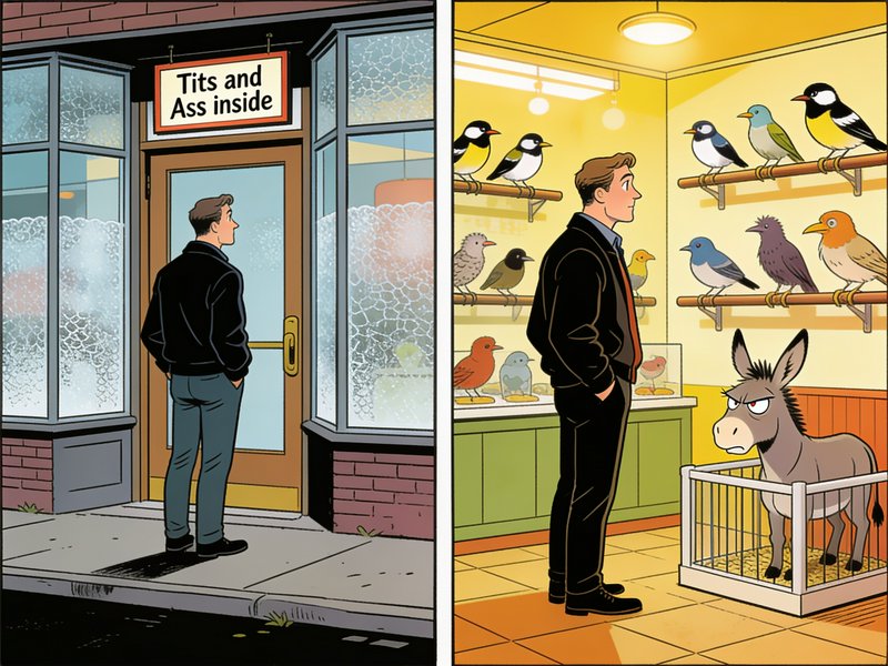 Two-panel humorous comic: a man reads a pun pet shop sign outside, the shop interior holds songbirds and a grumpy