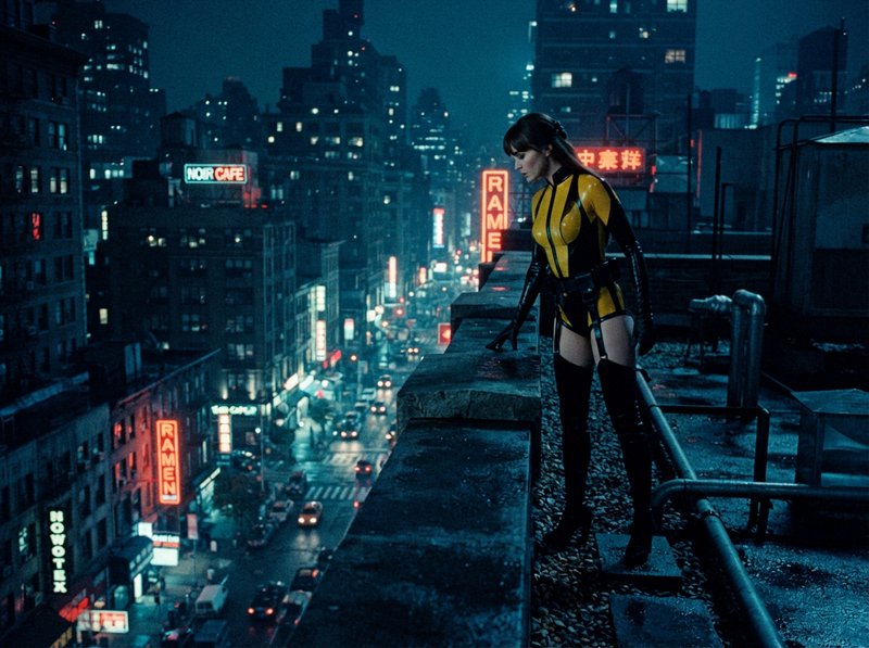 Woman in yellow-black latex vigilante suit stands on a wet rooftop overlooking a neon-lit rainy cyberpunk city at night