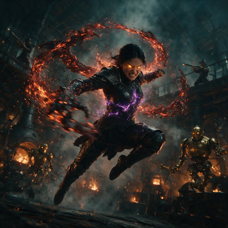Fierce armored female fantasy warrior mid-leap, wielding swirling fire magic while fighting golden steampunk automatons