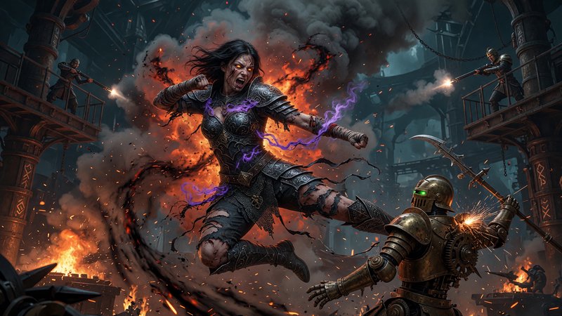 Fierce armored fantasy warrior woman channels purple arcane magic mid-leap, battling a steampunk automaton amid fiery