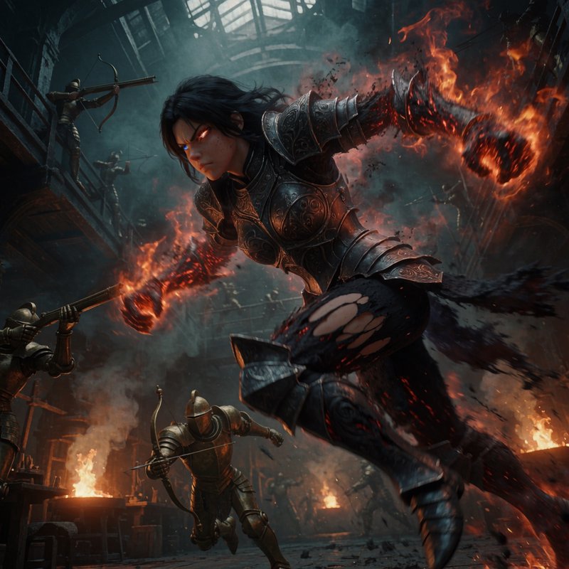 Ilea Spears from Azarinth Healer is a 175 cm (5'9") tall human woman with black hair and blue eyes.Physical Traits & Style,Build: Athletic and toned from kickboxing and intense physical brawling.Face & Hair: Black hair, striking blue eyes that often glow with her magical auras. 19 years old, jaw set in snarl, glowing amber eyes narrowed in battle fury, surrounded by roiling red burning ash aura that manifests thrashing razor-sharp ashen extra limbs crackling with embers. Wears intricate filigreed black steel arcane armor, deep rips in the plating slowly knitting shut with glowing violet rune smoke. Massive shadowed iron workshop facility, vaulted ceilings lost in smoke, scattered forges glowing orange in background. Ancient brass mechanical praetorian lunges forward, arquebus-wielding archers take aim from gantries above. Dramatic low angle action shot, frozen mid-leap, dynamic motion blur on swinging ash limbs, cinestill 800t film grain, deep teal shadows and searing orange firelight, gritty dark fantasy aesthetic, cinematic motion, 4K sharp detail, atmospheric smoke haze.