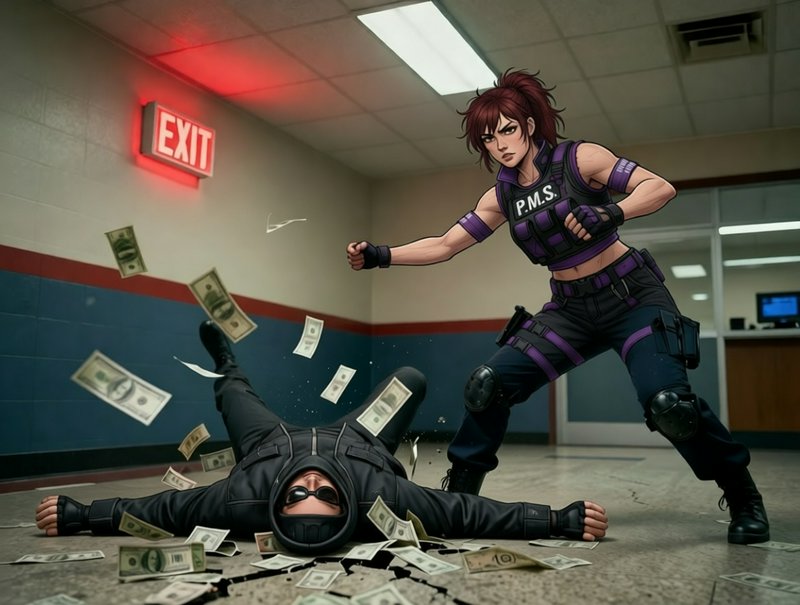 Stylized anime tactical female officer stands over a defeated masked robber as cash scatters across an office hallway.