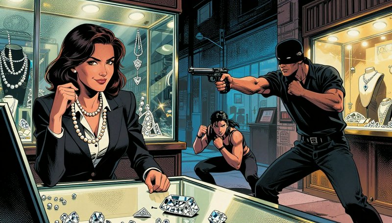 Retro comic illustration of a tense jewelry store heist, masked armed robber pointing a gun at a calm jeweler beside a