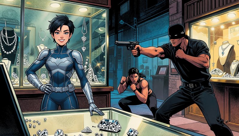 Armored female superhero confronts armed robbers during a nighttime jewelry store heist, comic book style illustration.