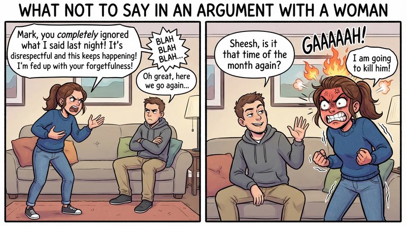 Comic strip, title What not to say in an argument with a woman, panel 1 , a woman is complaining to a man about his behaviour obviously mid argument,  panel 2 the man says dismissively Sheesh, is it that time of the month again?, the woman not saying anything looks ready to explode with rage