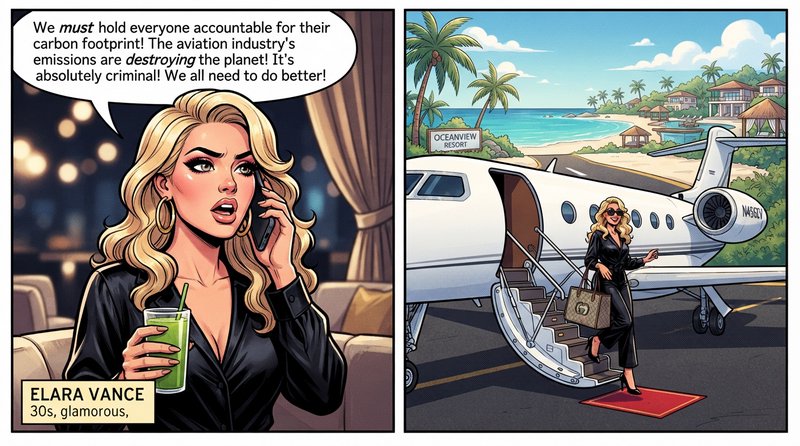 Comic panel, panel 1 A female Hollywood  actress on her phone virtue signalling about environmental issues caused by Jet Fuel, close up shot,  indistinct background details, panel 2, she is walking down the steps from an Executive Gulfstream Jet on the private runway of an ulltra exclusive private resort in the carribean