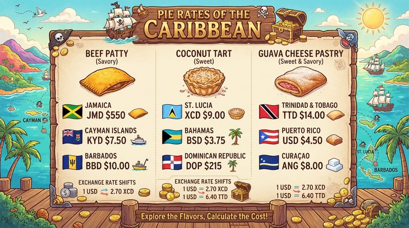 A panel showing various sweet and savory pies and how they have different prices on different carribean islands depending on the exchange rate, title Pie Rates of the Carribean