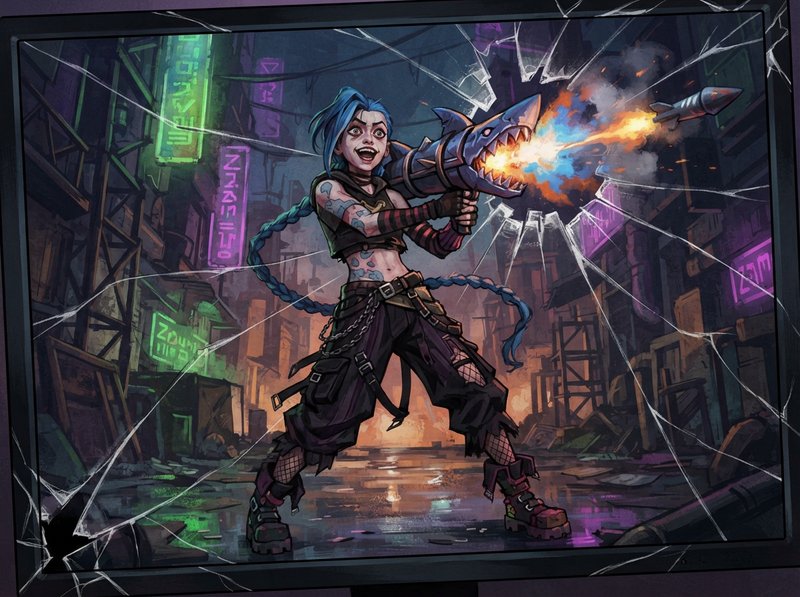 Jinx from arcane, firing her shark style rocket launcher, manic energy, dressed in a E-girl styel outfit, graphic style as the animated series, in the zaun undercity, intense manic energy, as if the image is cracking through the monitor screen